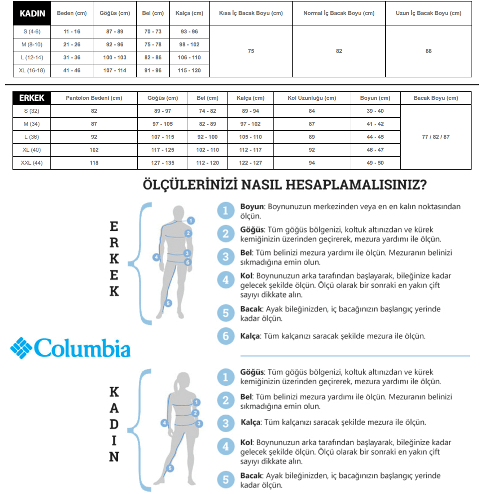 Columbia Beden Ölçüleri - Size Chart